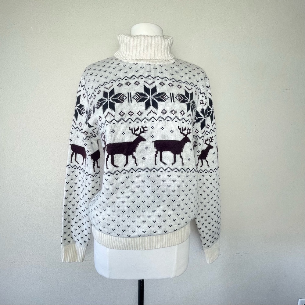 SoulStar Reindeer Sweater | Turtle Neck Long Sleeve Cream Knit Jumper | M